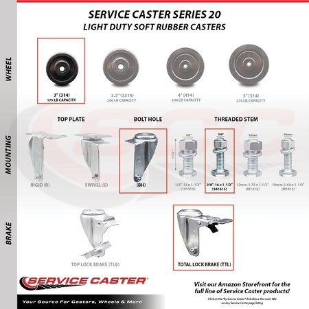 Service Caster 3 Inch Soft Rubber Wheel Swivel 3/8 Inch Stem Caster Total Lock Brake SCC, 2PK SCC-TSTTL20S314-SRS-381615-2-S-2